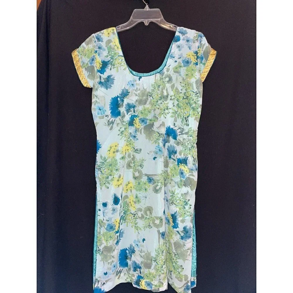 Vtg Handmade Asian Inspired Gold Trim Side Slit Sheath Dress Small Medium Floral - Picture 6 of 8